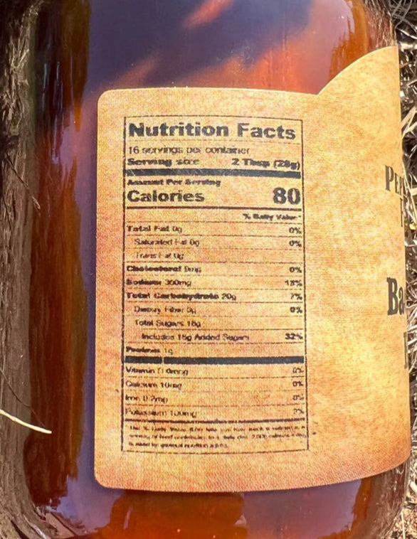 16 oz bottle of Pepper Belly Pete’s Bacon Bourbon BBQ Sauce – bold, smoky, and sweet nutrition