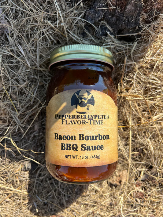 16 oz bottle of Pepper Belly Pete’s Bacon Bourbon BBQ Sauce – bold, smoky, and sweet outdoor
