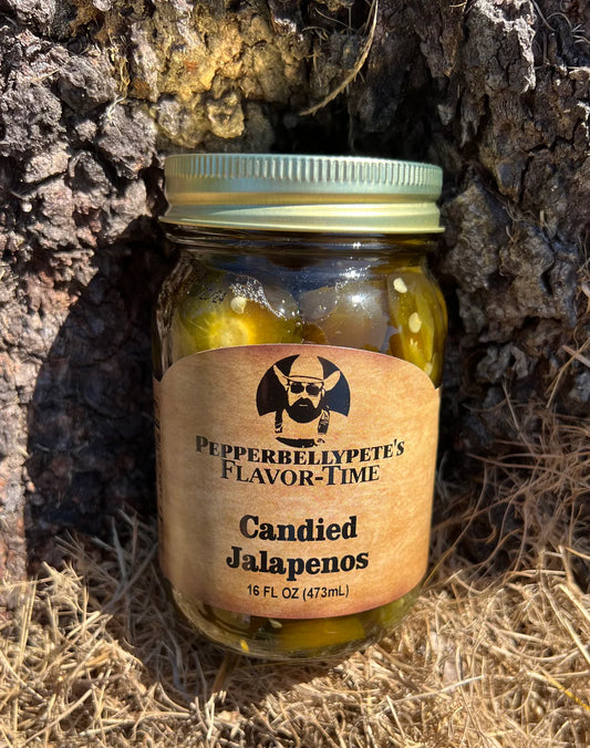 16 oz jar of Pepper Belly Pete’s Candied Jalapeños – sweet and spicy cowboy candy outdoor
