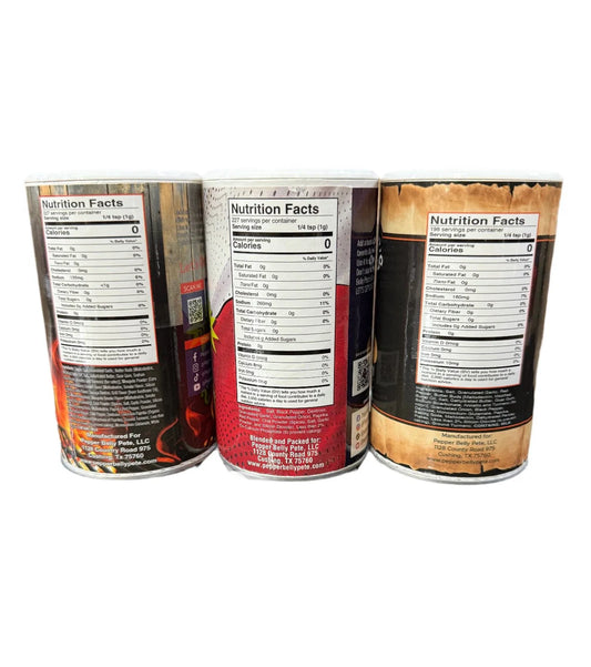 3‑pack of Pepper Belly Pete seasoning jars: Southern, BBQ & Creole Back