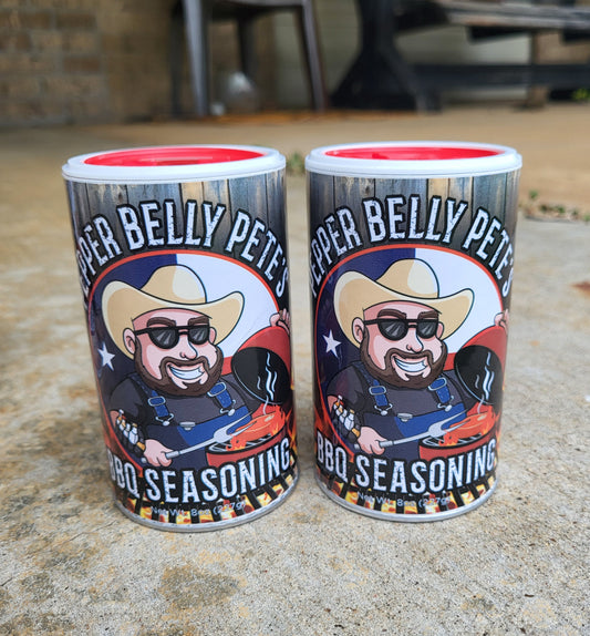 8 oz jar of Pepper Belly Pete’s BBQ Seasoning – sweet-smoky mesquite rub 2 pack front