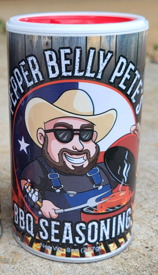 8 oz jar of Pepper Belly Pete’s BBQ Seasoning – sweet-smoky mesquite rub 2 pack front