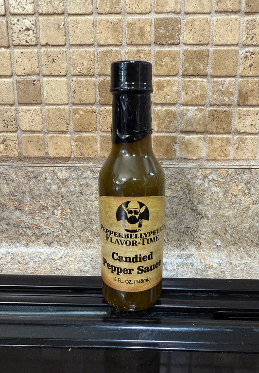 5 oz bottle of Pepper Belly Pete’s Candied Pepper Sauce – sweet-heat cowboy candy style front