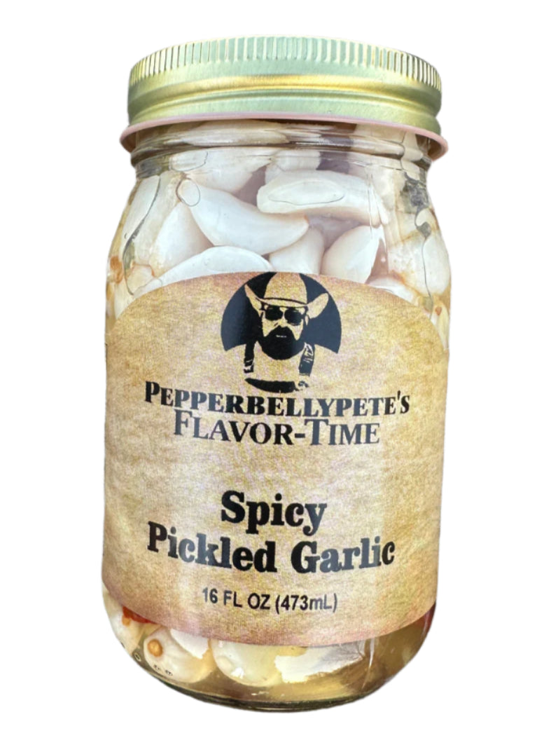 16 oz jar of Pepper Belly Pete’s Spicy Pickled Garlic with jalapeño peppers