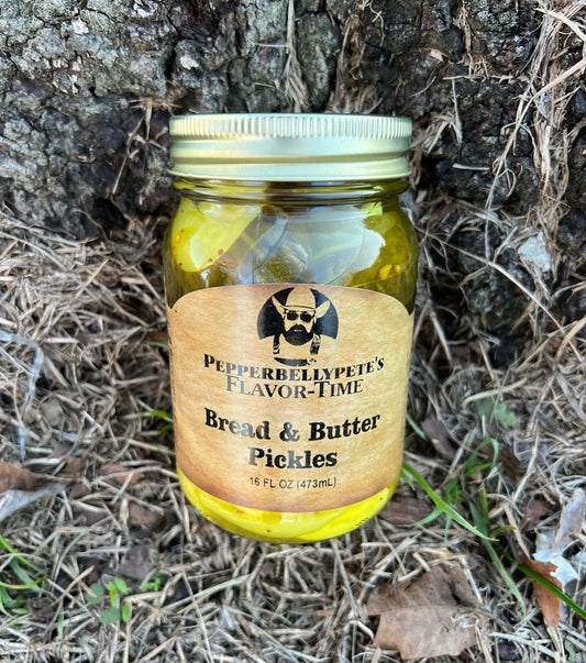 Jar of Pepper Belly Pete’s Bread & Butter Pickles – sweet and tangy flavor front