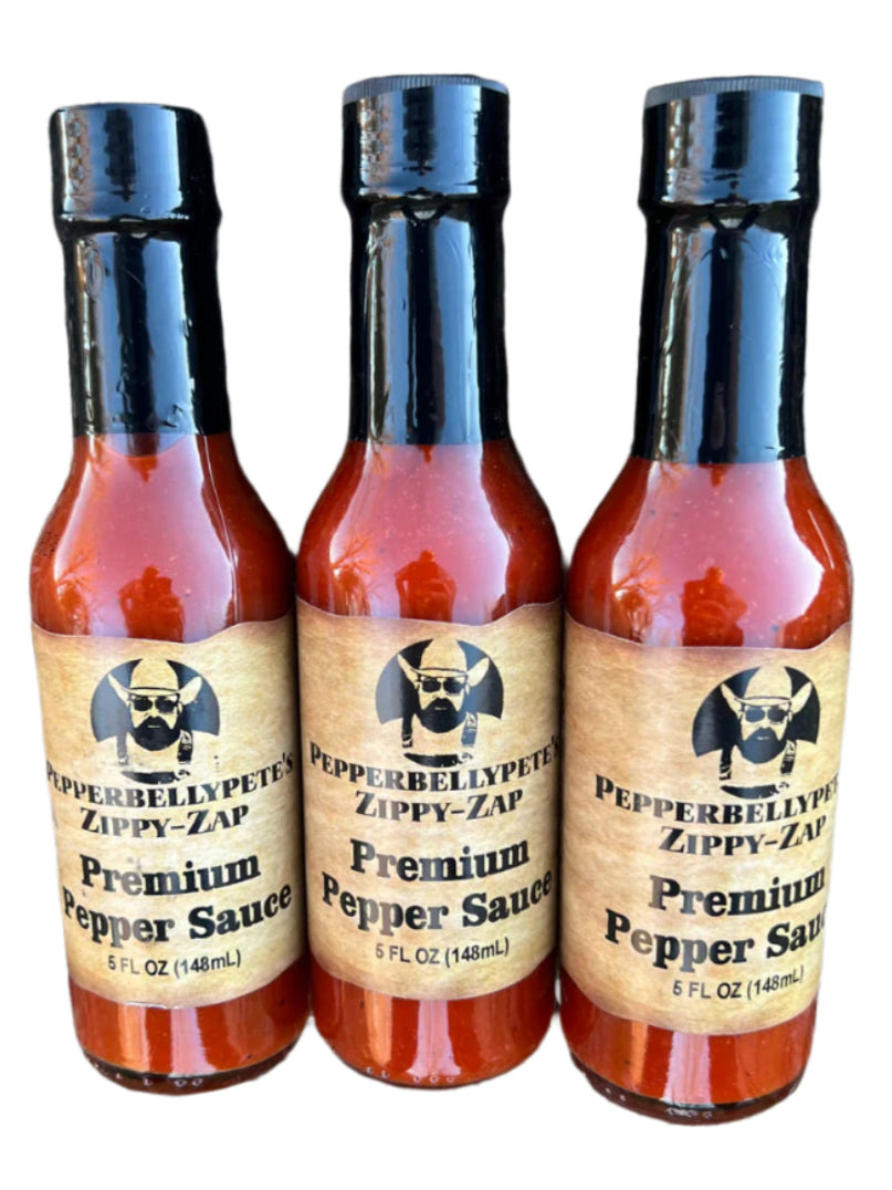 3 bottles of Pepper Belly Pete’s Zippy-Zap Premium Pepper Sauce – 5 oz each
