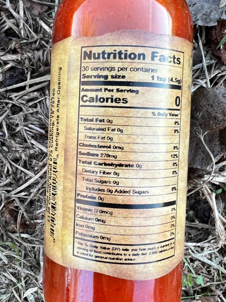 Bottle of Pepper Belly Pete’s Zippy Zap Premium Pepper Sauce Nutrition1