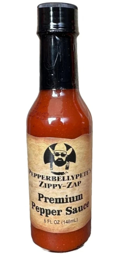 Bottle of Pepper Belly Pete’s Zippy Zap Premium Pepper Sauce