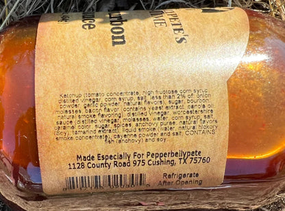 16 oz bottle of Pepper Belly Pete’s Bacon Bourbon BBQ Sauce – bold, smoky, and sweet ingredients