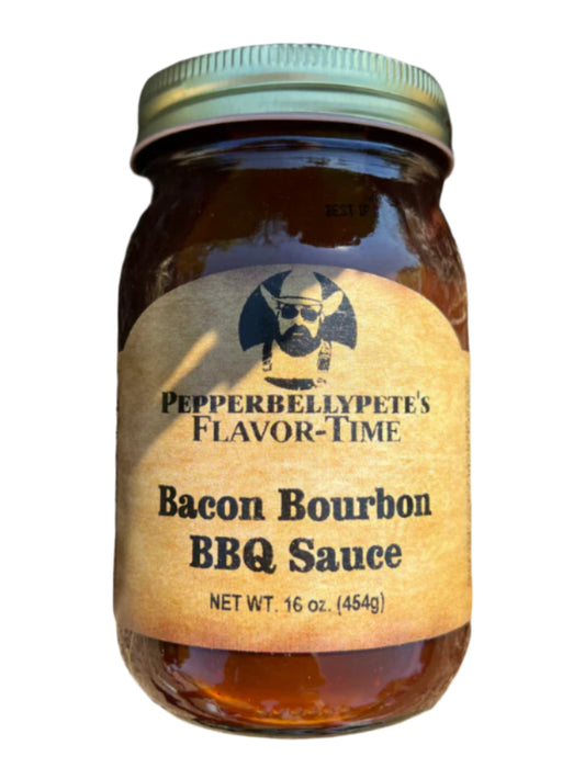16 oz bottle of Pepper Belly Pete’s Bacon Bourbon BBQ Sauce – bold, smoky, and sweet