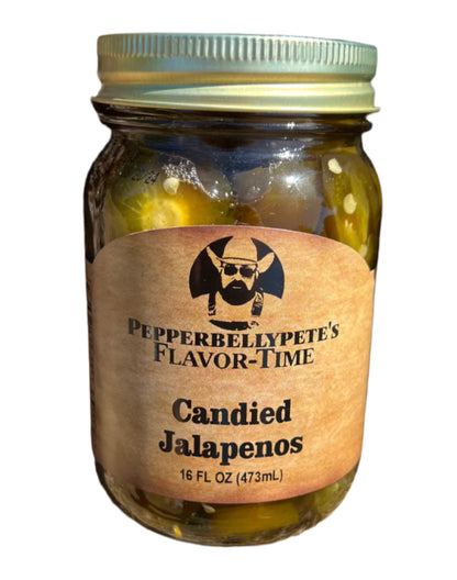 16 oz jar of Pepper Belly Pete’s Candied Jalapeños – sweet and spicy cowboy candy