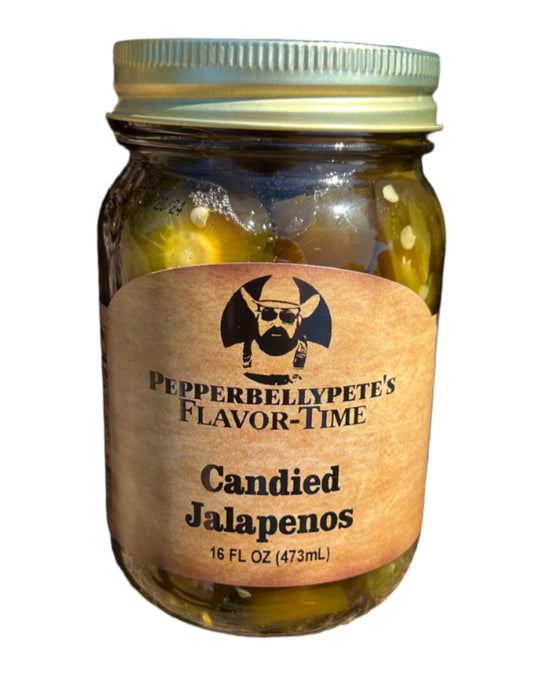 16 oz jar of Pepper Belly Pete’s Candied Jalapeños – sweet and spicy cowboy candy
