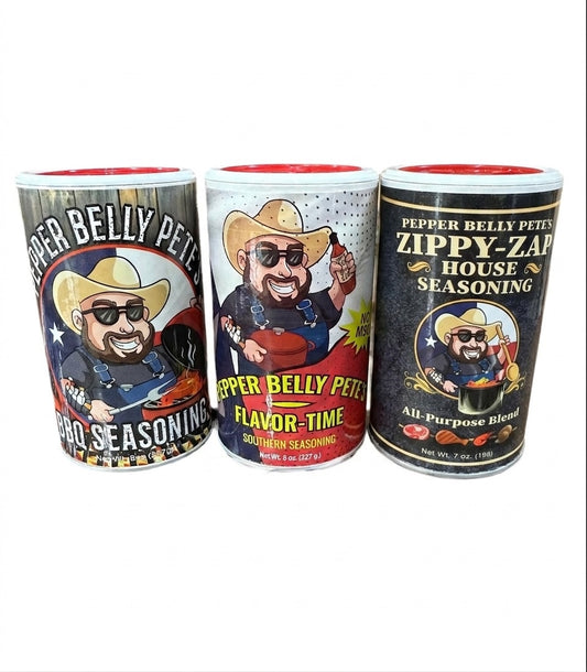 Pepper Belly Pete’s 3‑Pack Assorted Seasonings – Southern, BBQ & Creole Blends
