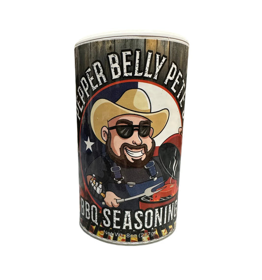 8 oz jar of Pepper Belly Pete’s BBQ Seasoning – sweet-smoky mesquite rub front1