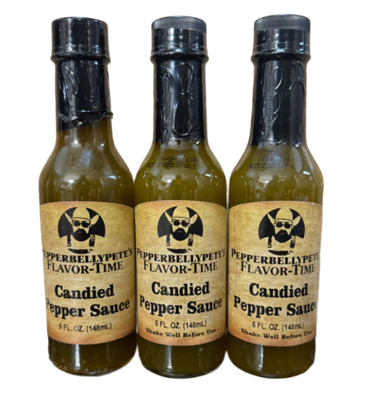 5 oz bottle of Pepper Belly Pete’s Candied Pepper Sauce – sweet-heat cowboy candy style 3 pack