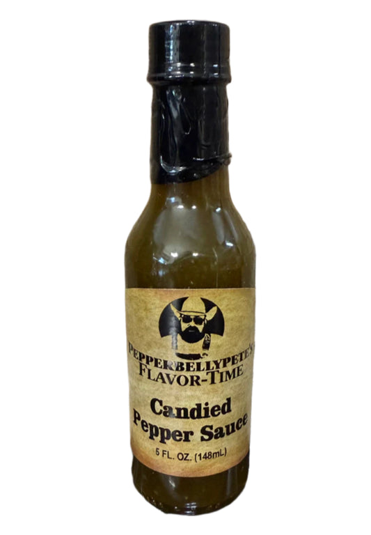 5 oz bottle of Pepper Belly Pete’s Candied Pepper Sauce – sweet-heat cowboy candy style