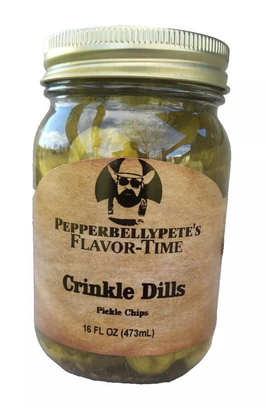 16 oz jar of Pepper Belly Pete’s Crinkle Dill Pickle Slices – crunchy dill chips