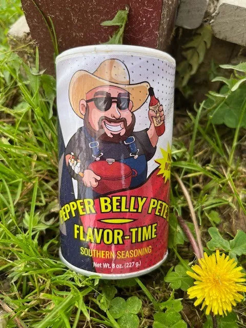 8 oz jar of Pepper Belly Pete’s Flavor‑Time Southern Seasoning blend outside