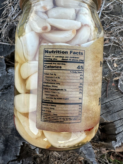 16 oz jar of Pepper Belly Pete’s Spicy Pickled Garlic with jalapeño peppers nutrition