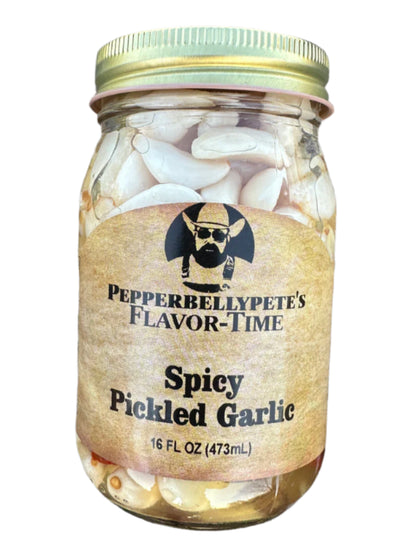 16 oz jar of Pepper Belly Pete’s Spicy Pickled Garlic with jalapeño peppers