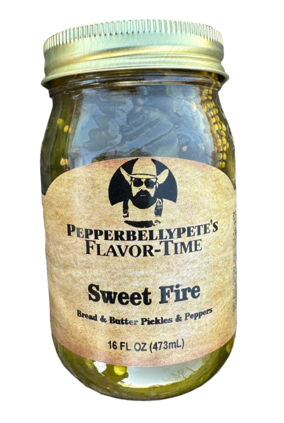 16 oz jar of Pepper Belly Pete’s Sweet Fire – candied bread & butter pickles with peppers
