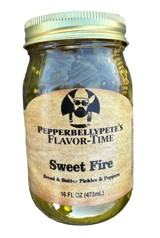 16 oz jar of Pepper Belly Pete’s Sweet Fire – candied bread & butter pickles with peppers
