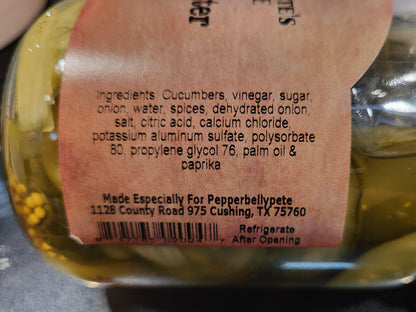 Jar of Pepper Belly Pete’s Bread & Butter Pickles – sweet and tangy flavor ingredients
