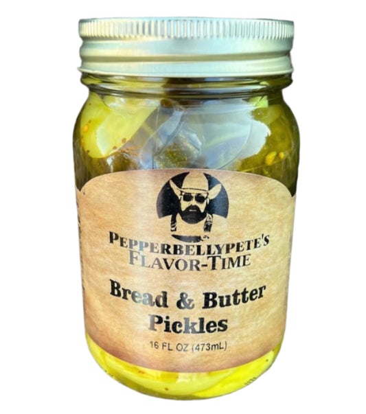 Jar of Pepper Belly Pete’s Bread & Butter Pickles – sweet and tangy flavor